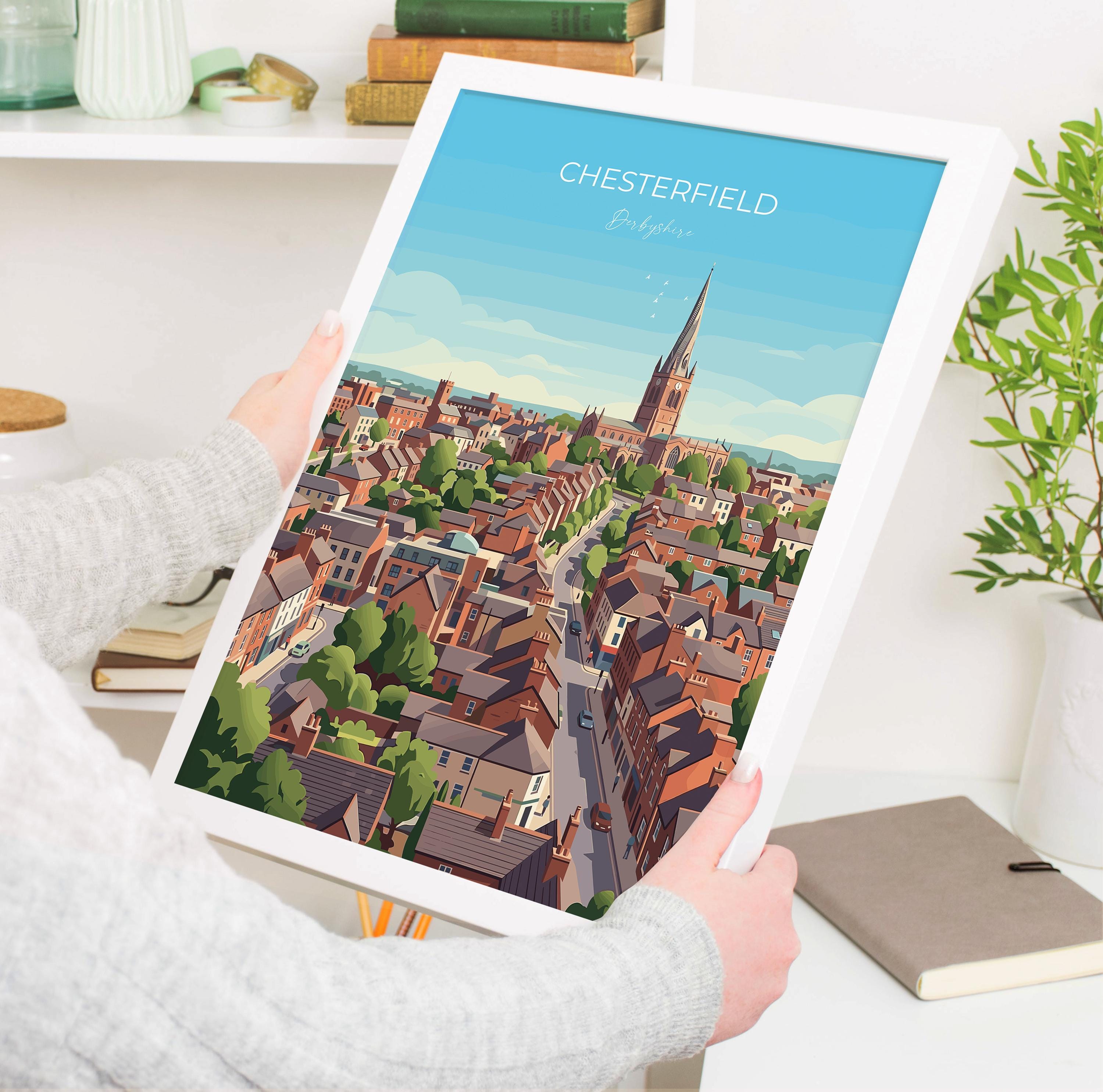 Chesterfield Travel Poster, Crooked Spire Church Wall Art, Derbyshire Town Print, St Marys Church Illustration, Chesterfield Gift NQ Media Designs