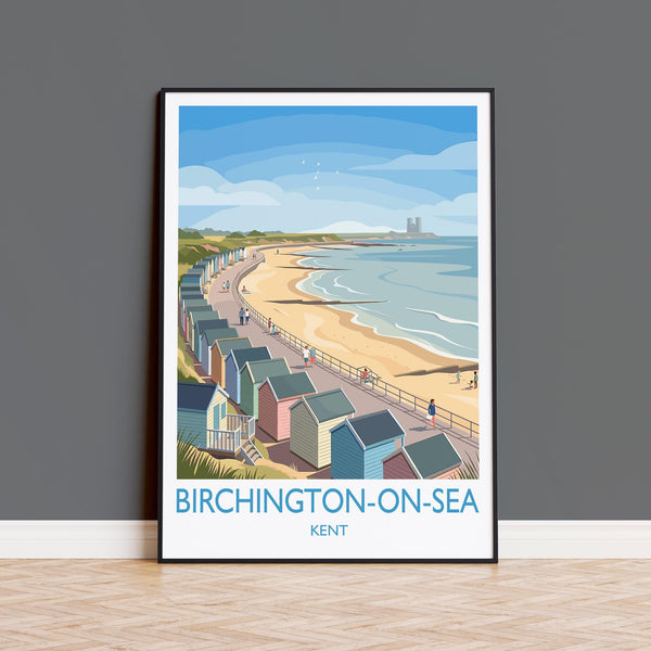 Birchington on Sea Travel Poster, Reculver Towers Beach Huts Wall Art, Kent Coast Print, Seaside Landscape Illustration, UK Coastal Decor