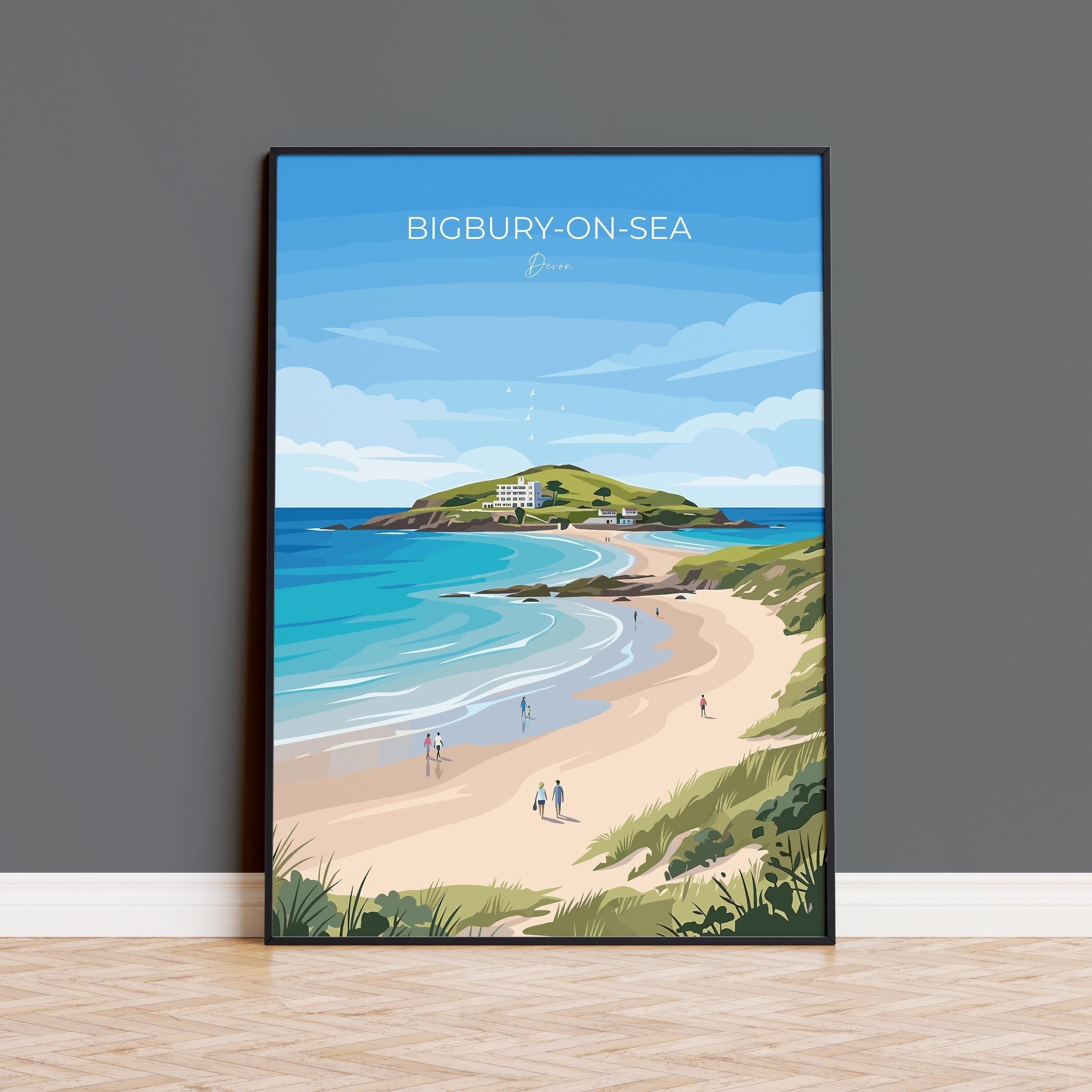 Bigbury on Sea Devon Travel Print, Burgh Island Coastal Wall Art, South Devon Beach Poster, Vintage Style Seaside Decor, UK Coast Gift NQ Media Designs