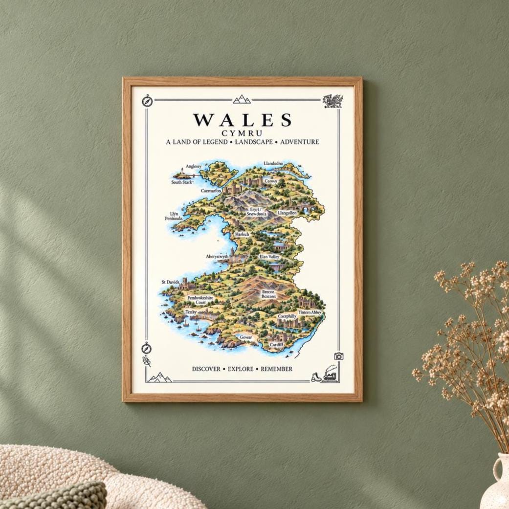 Wales Illustrated Map Print, Welsh Wall Art, Snowdonia Map Poster, Framed or Canvas Print, Wales Gift Print