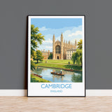 Cambridge Travel Poster, Kings College Cambridge Wall Art, River Cam Punting Scene Print, Historic University Illustration, UK Vintage Style NQ Media Designs