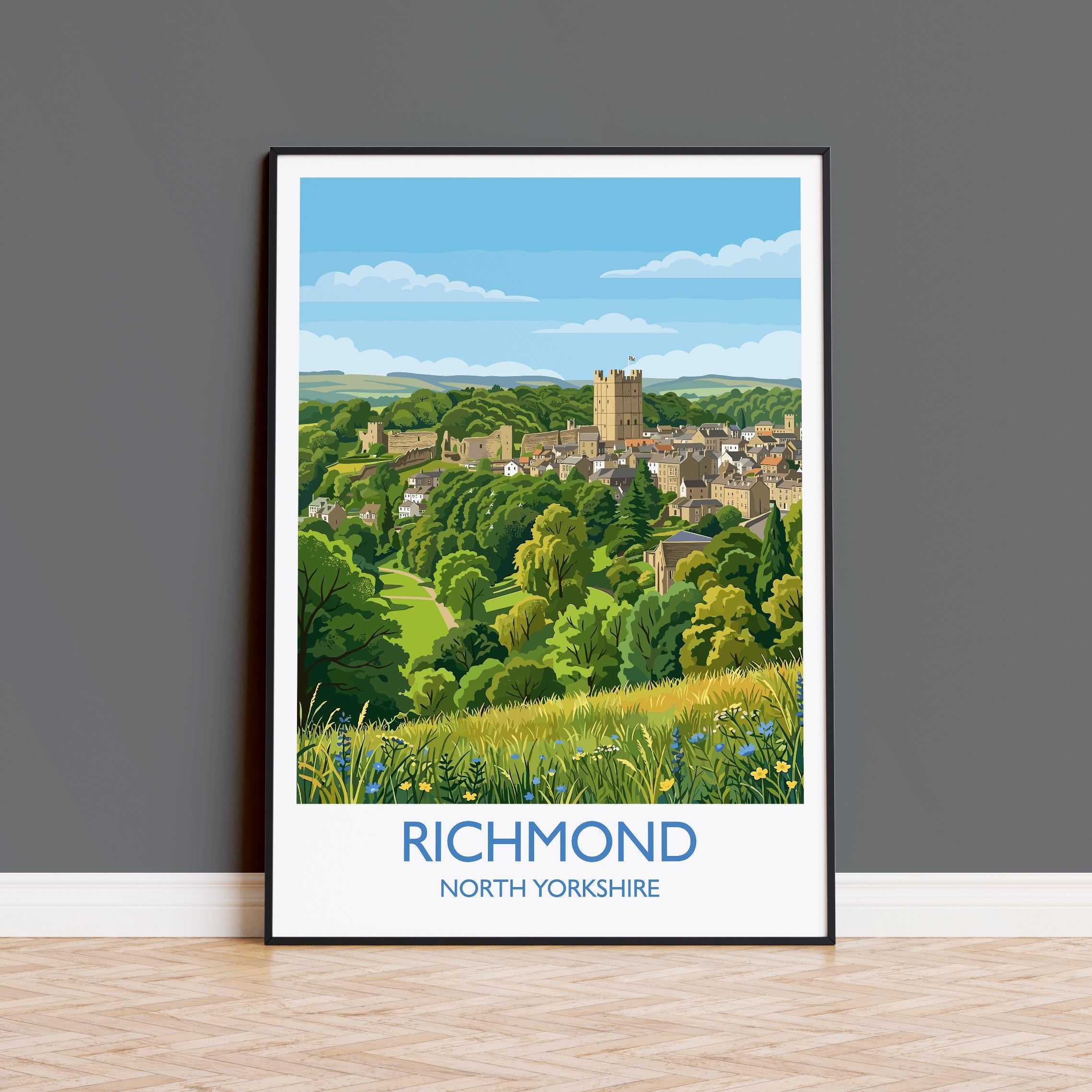 Richmond Yorkshire Travel Poster, Richmond Castle Wall Art, Yorkshire Dales Town Print, Historic Market Town Art, Vintage Style UK Decor