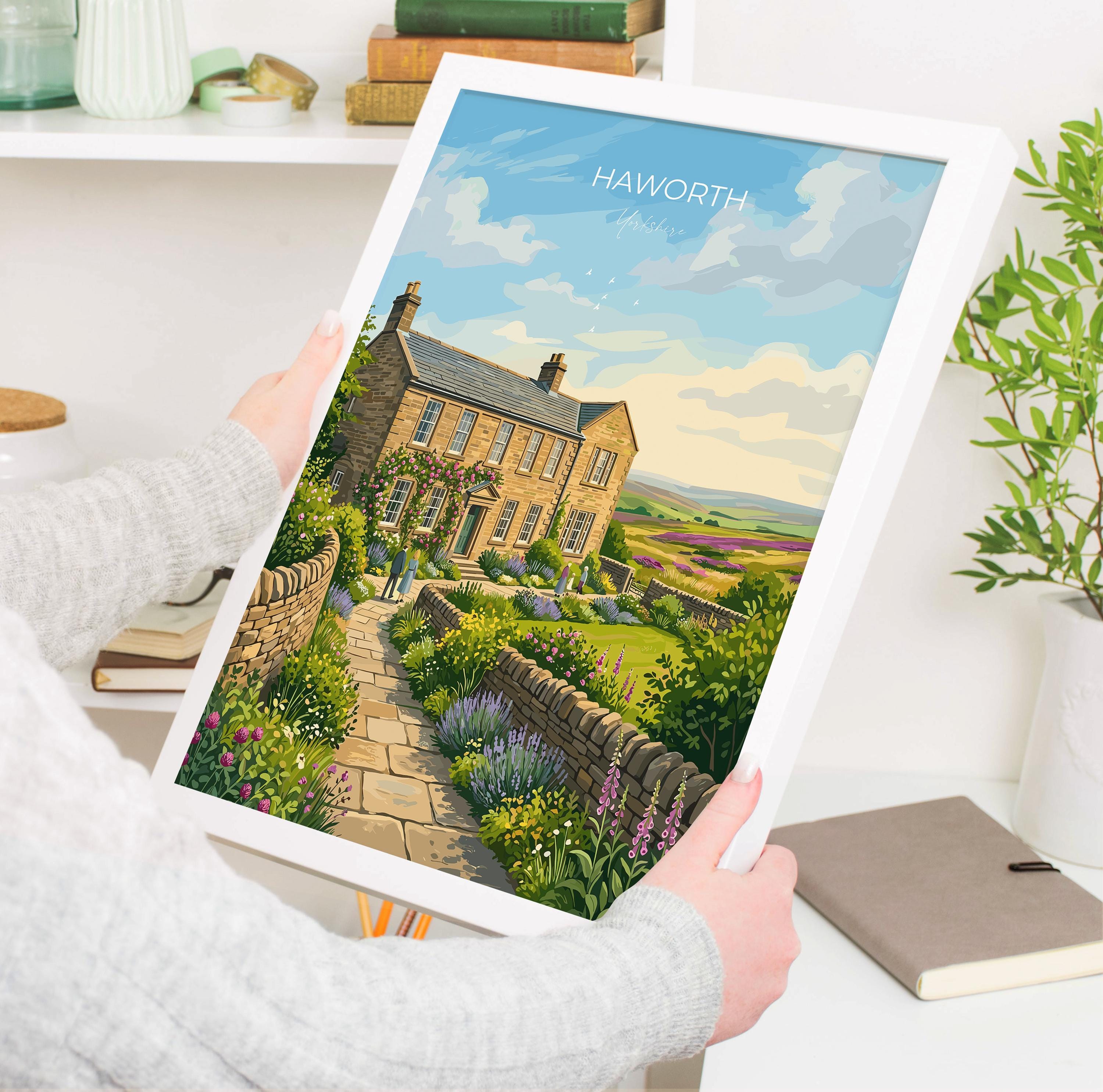 Haworth Parsonage Travel Print, Brontë Parsonage Museum Wall Art, Haworth Village Poster, Literary England Illustration, Vintage UK Decor