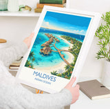 Maldives Indian Ocean Travel Poster, Tropical Island Wall Art, Maldives Beach Print, Overwater Bungalows, Luxury Island Travel Poster