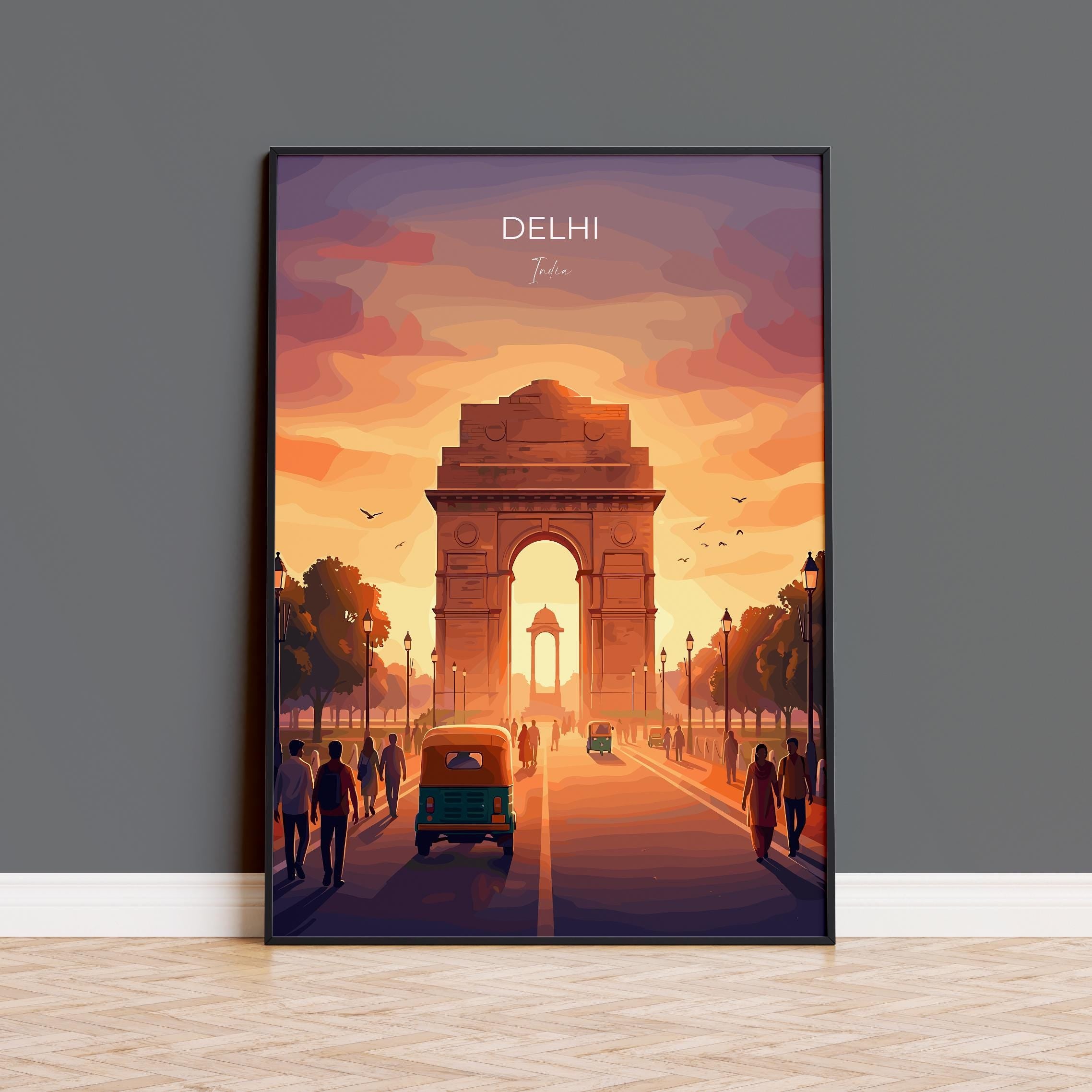 Delhi India Travel Print, India Gate Wall Art, New Delhi Landmark Poster, Monument Sunset Illustration, Vintage Style Asia, India Gift