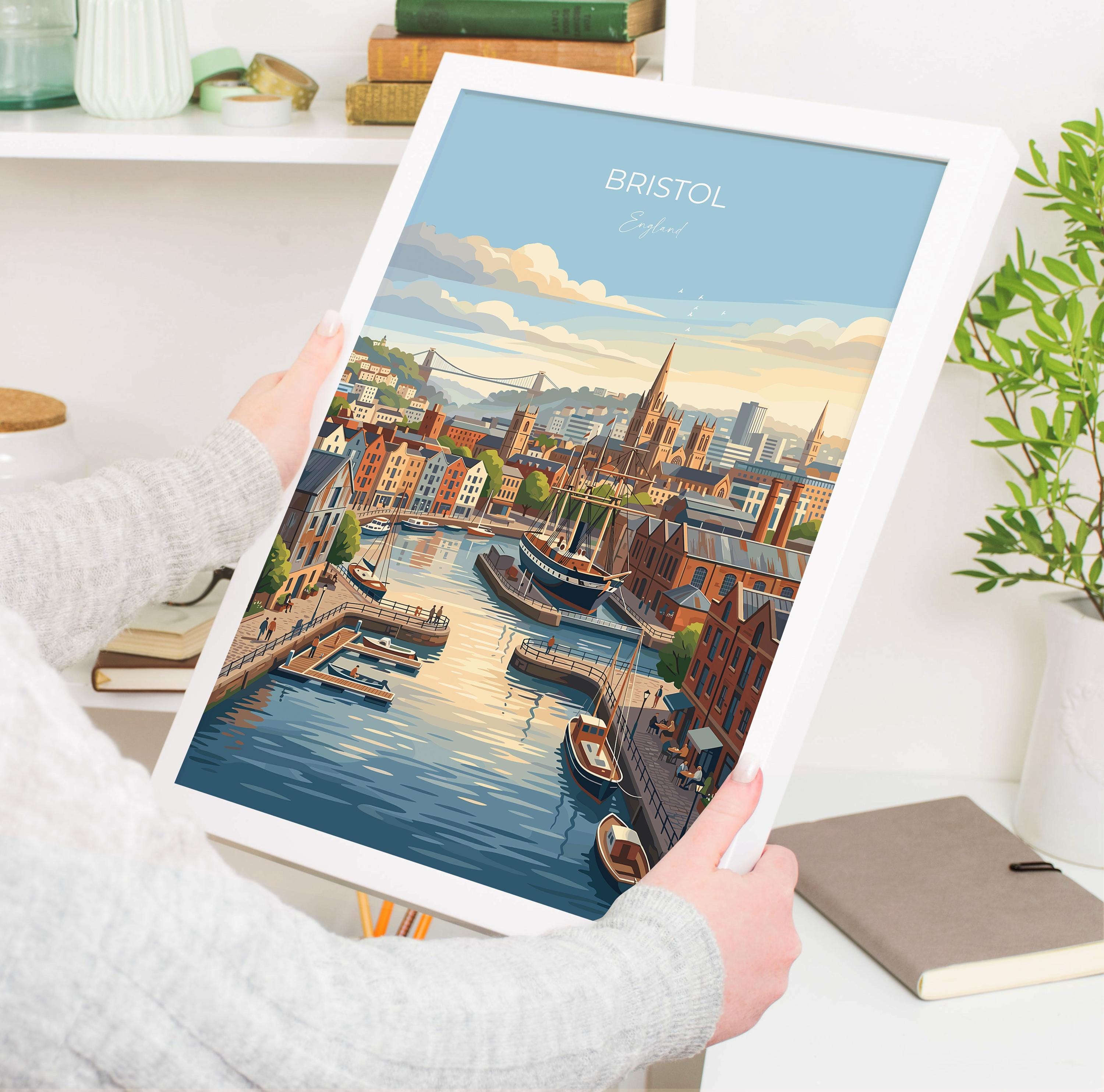 Bristol Travel Print, Clifton Suspension Bridge Wall Art, Bristol Skyline Poster, Historic Harbour City Illustration, Vintage Style UK Decor