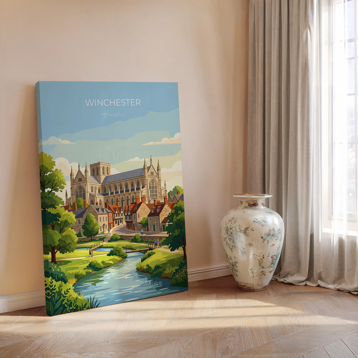 Winchester Hampshire Travel Print, Winchester Cathedral Wall Art, Historic City Poster, Hampshire Illustration, Vintage Style UK Decor