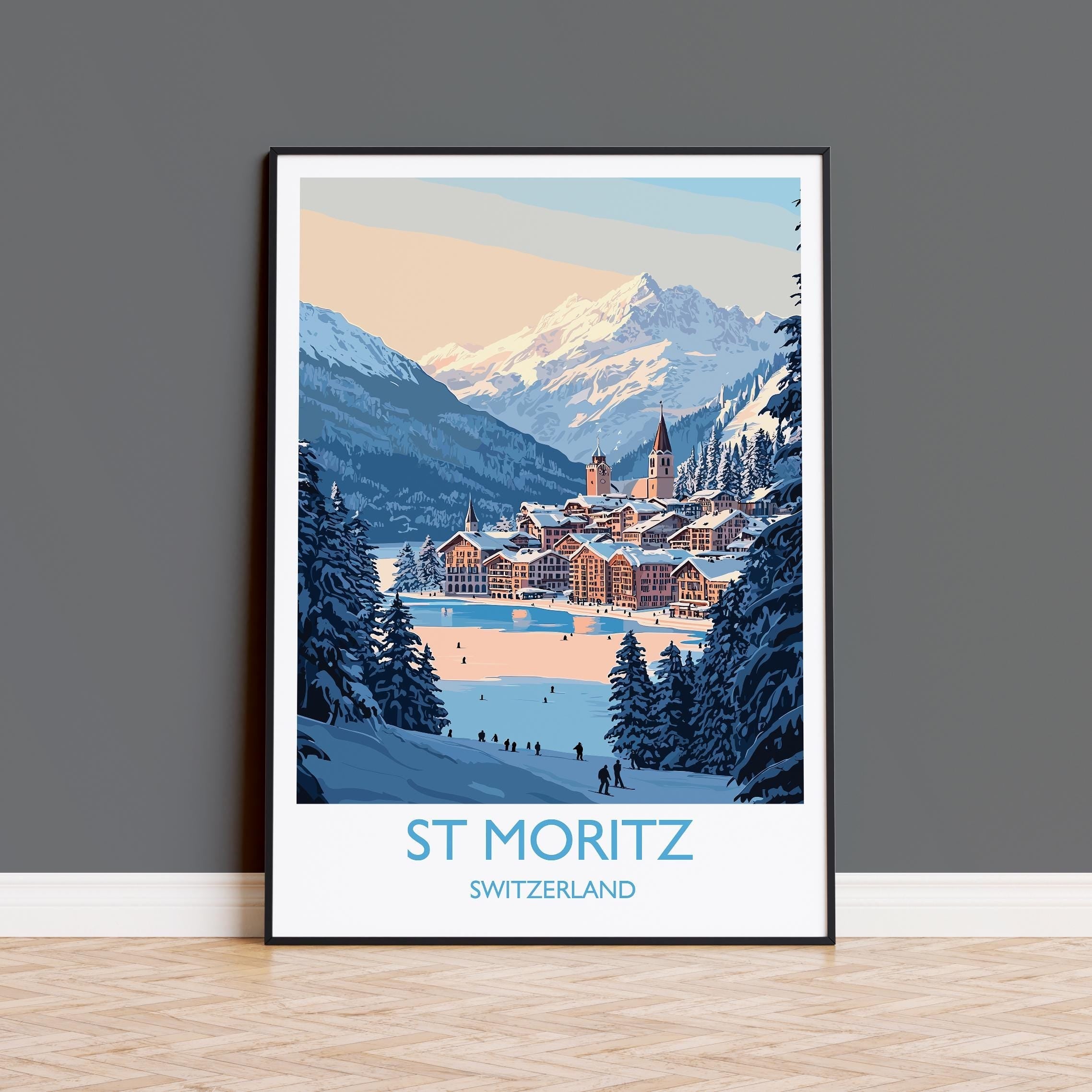 St Moritz Wall Art Travel Poster, Travel Print of St Moritz, Ski Poster, Switzerland Alps Art Travel Lovers Gift NQ Media Designs