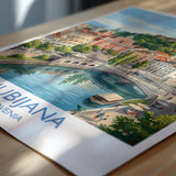 Ljubljana Slovenia Print, Dragon Bridge Wall Art with Border, Ljubljana Castle Poster, Slovenia Travel Print, Ljubljana Gift Print
