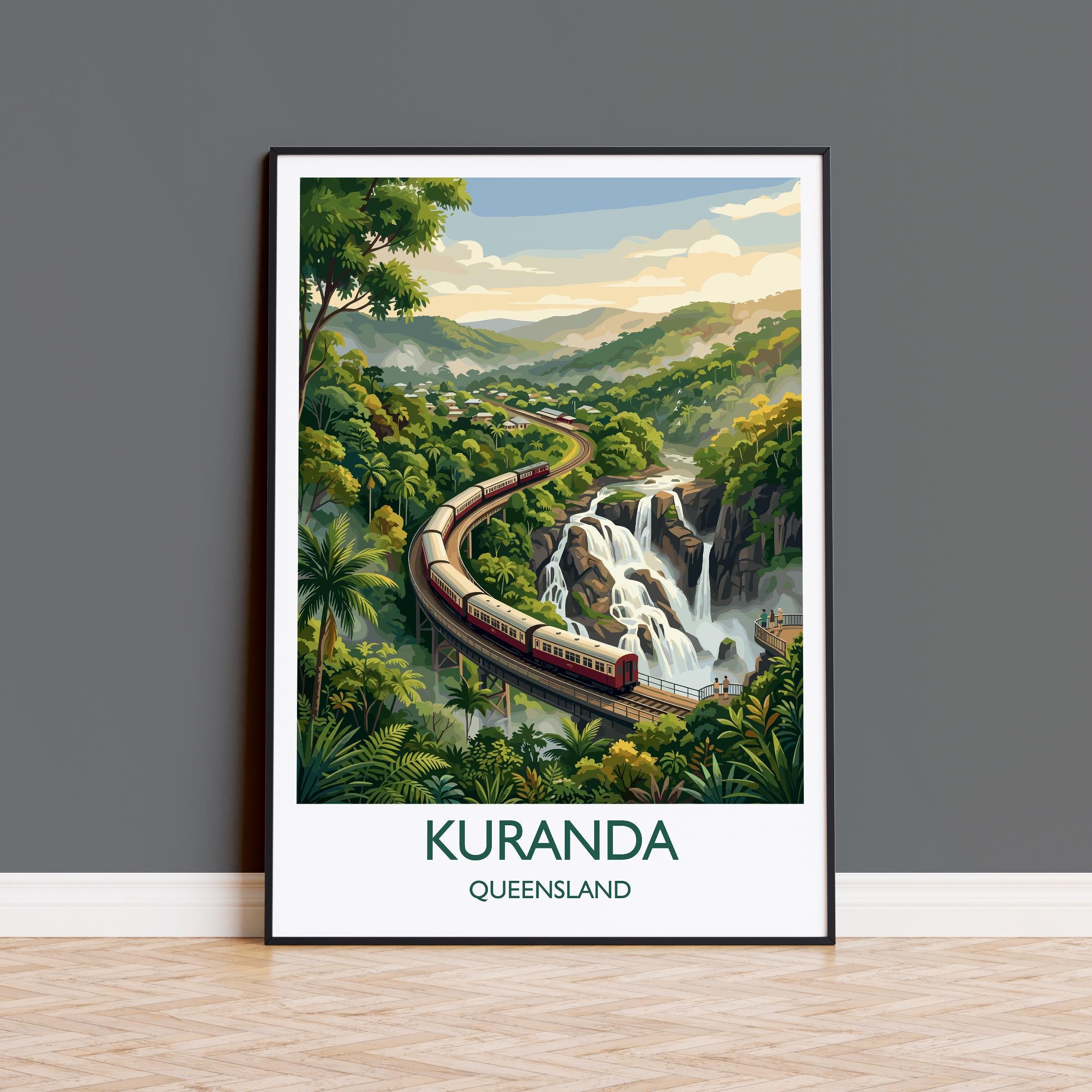 Kuranda Australia Travel Poster, Kuranda Scenic Railway Wall Art, Queensland Rainforest Waterfall Print, Tropical Vintage Style Decor