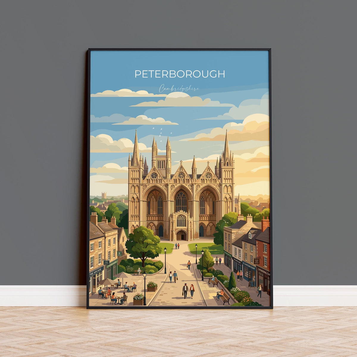 Peterborough Cambridgeshire Travel Poster, Peterborough Cathedral Wall Art, Historic City Print, England Illustration, Vintage Style Decor