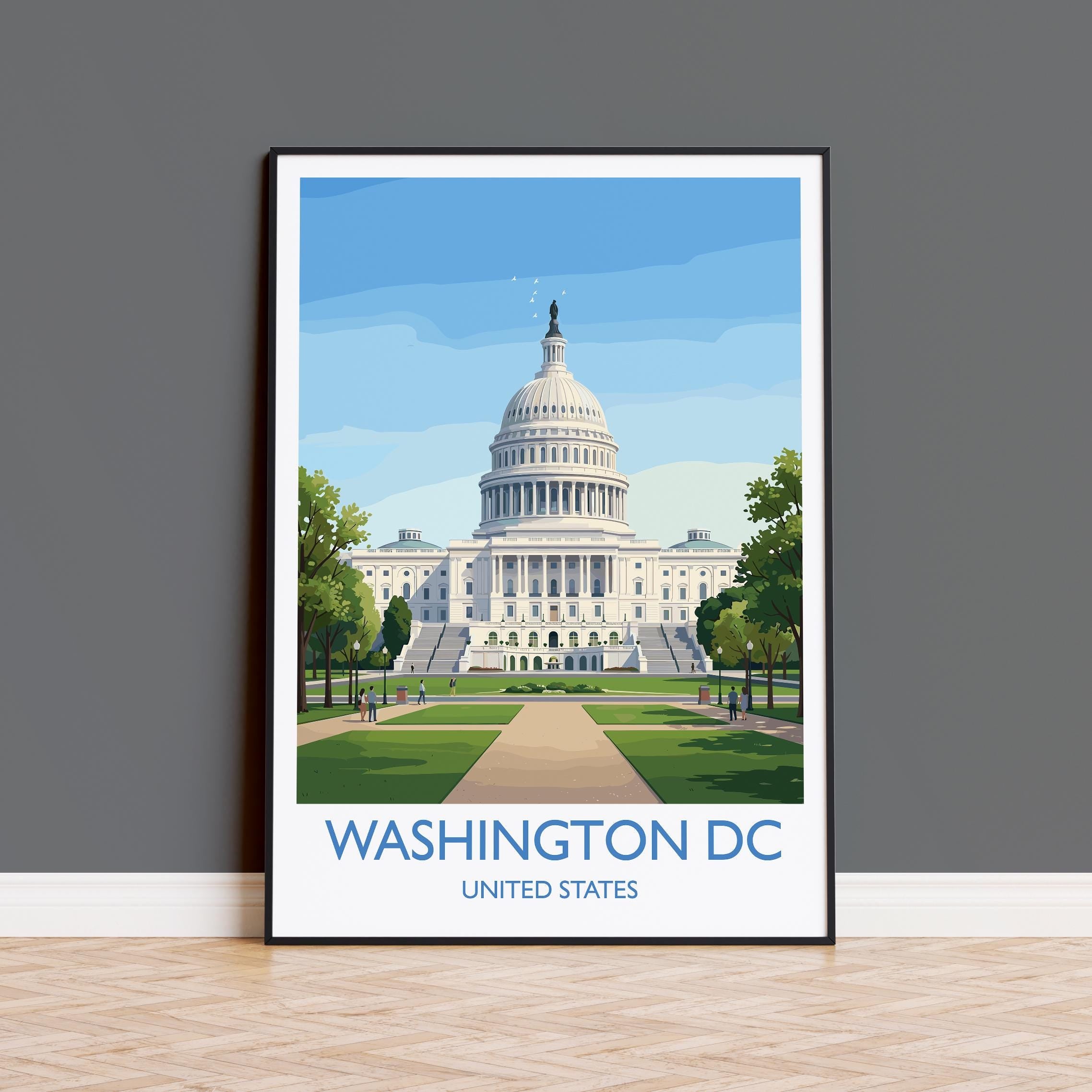 Washington DC Travel Poster, Capitol Hill Wall Art, USA Landmark Print, American Architecture Illustration, Vintage Style USA City Decor