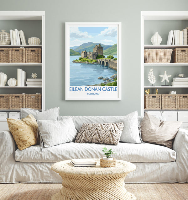 Eilean Donan Castle Scotland Travel Poster, Scottish Highlands Castle Wall Art, Landscape Print, Iconic Scotland Illustration, UK Decor