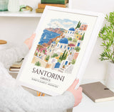 Santorini Greece Watercolour Print, Oia Sunset Wall Art, Blue Dome Church Poster, Aegean Sea Print, Greek Island Watercolour