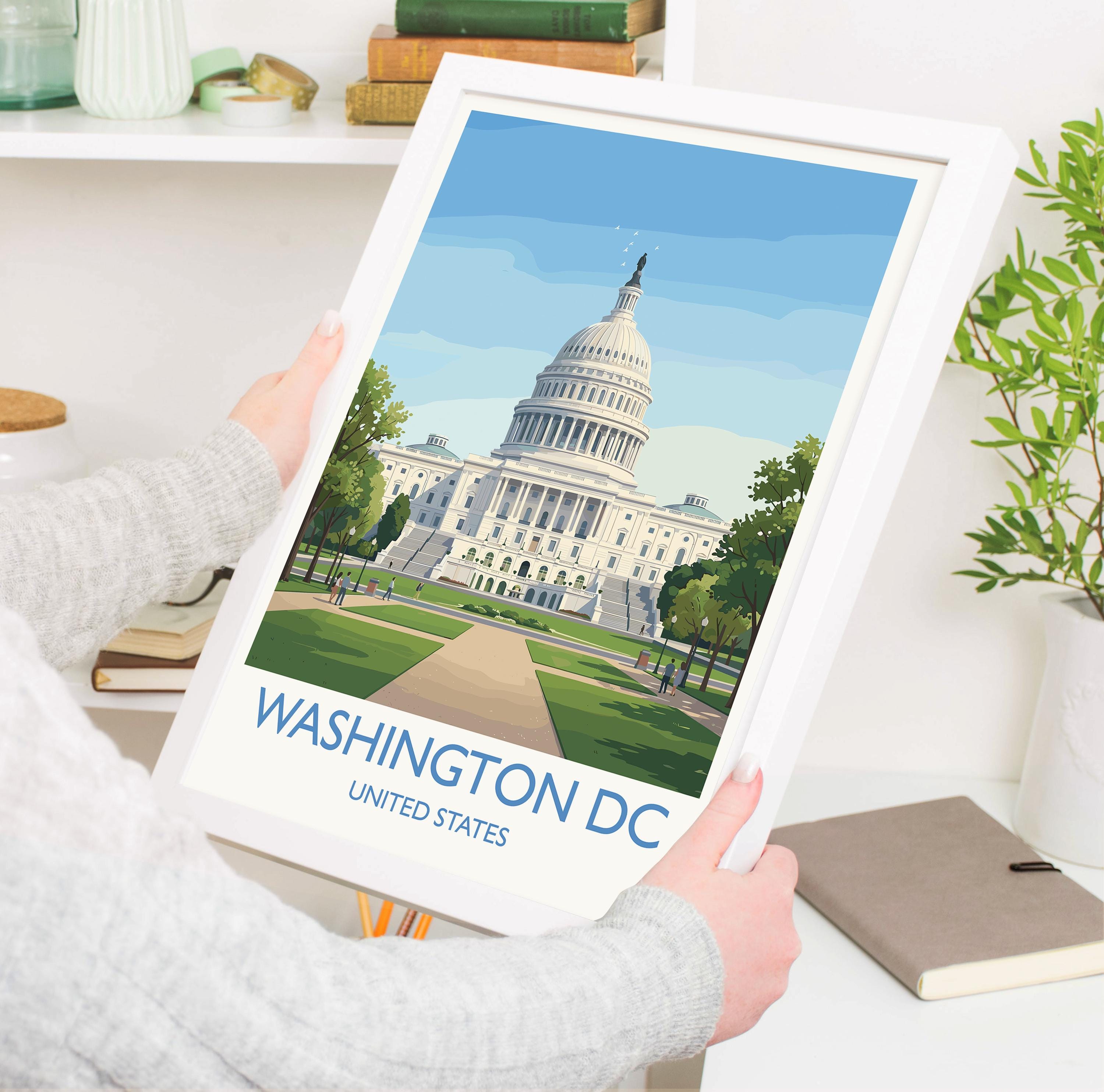 Washington DC Travel Poster, Capitol Hill Wall Art, USA Landmark Print, American Architecture Illustration, Vintage Style USA City Decor