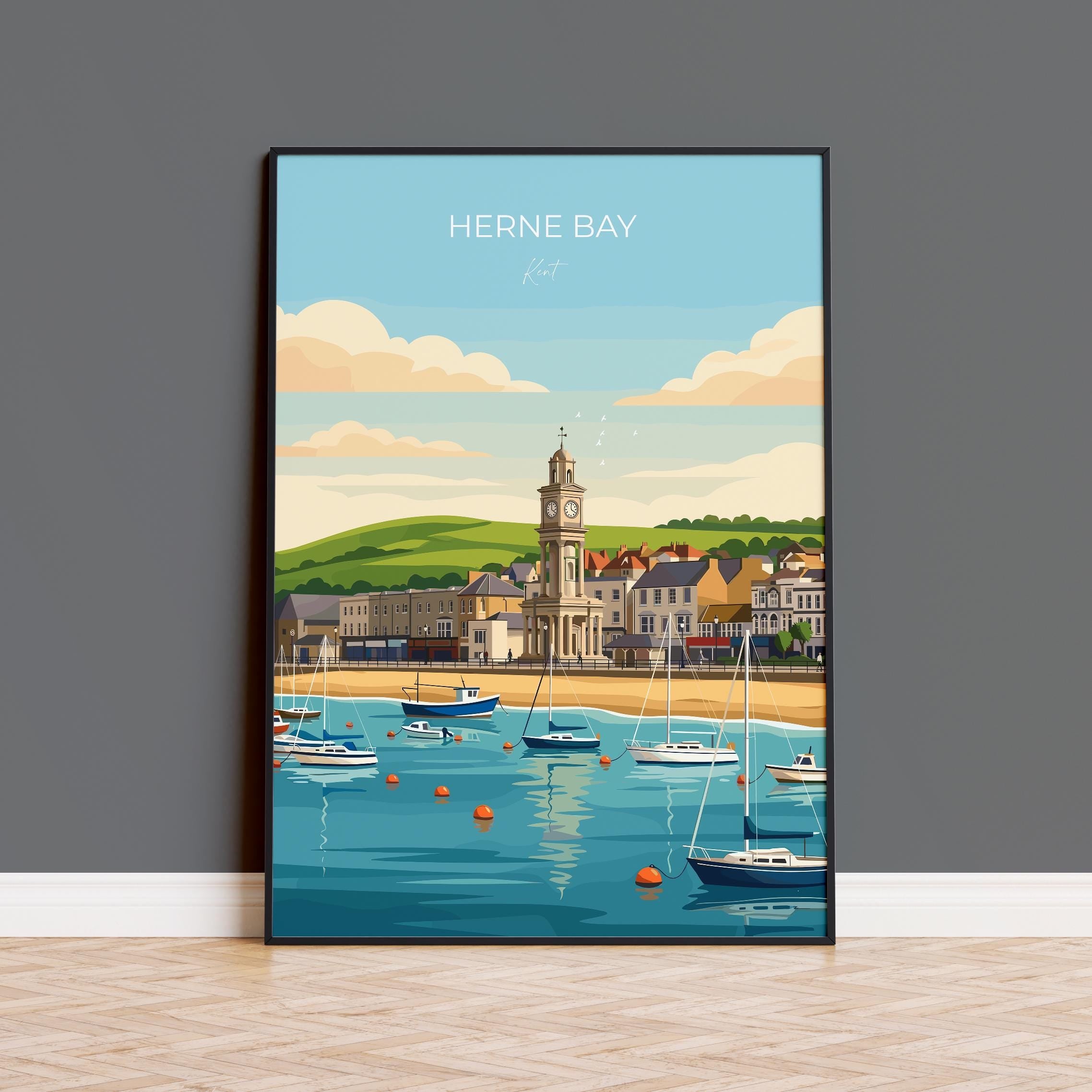 Herne Bay Travel Print, Kent Seaside Wall Art, Herne Bay Clock Tower Poster, Beachfront Illustration, Vintage Style UK Coastal Decor