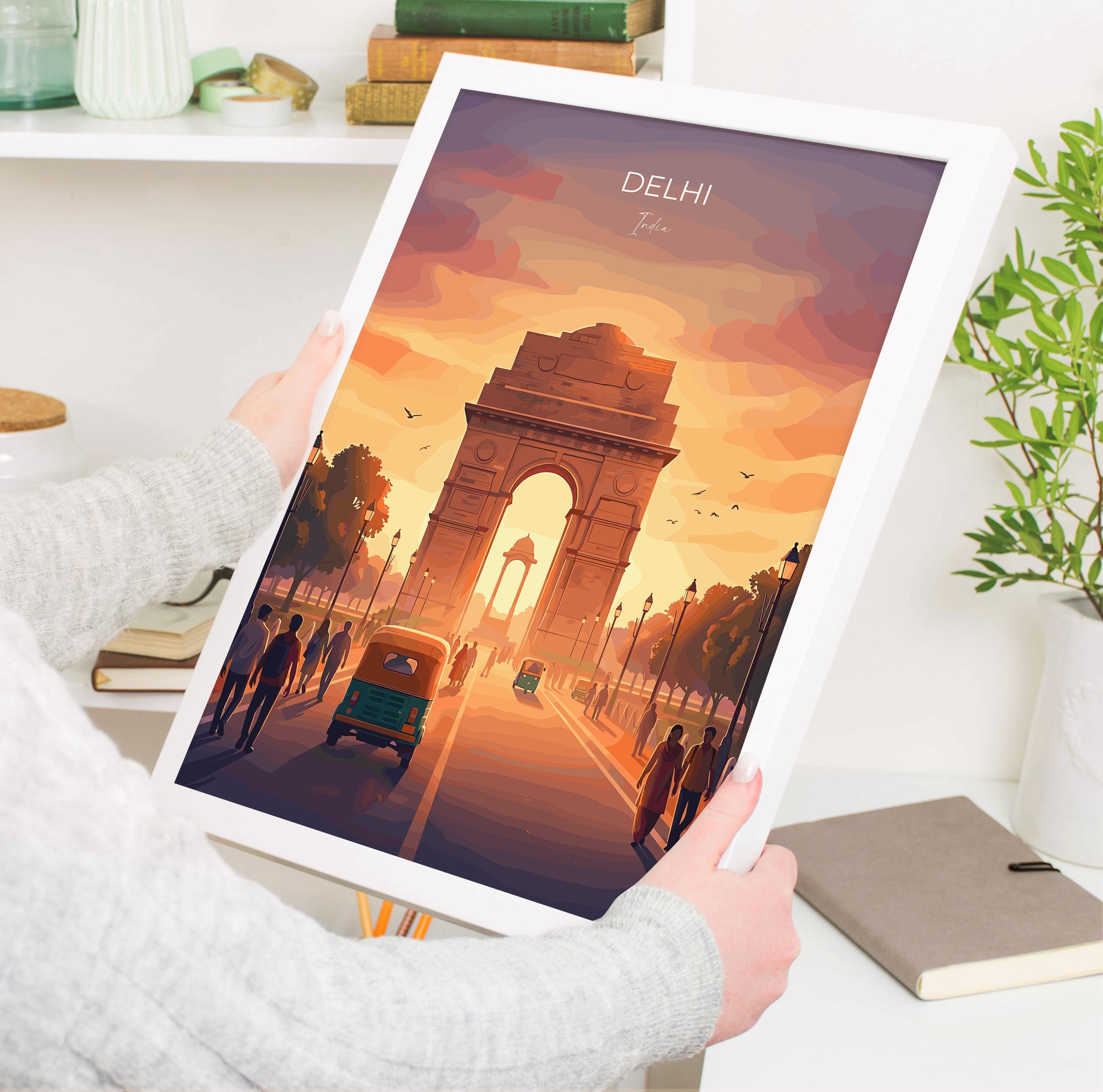 Delhi India Travel Print, India Gate Wall Art, New Delhi Landmark Poster, Monument Sunset Illustration, Vintage Style Asia, India Gift
