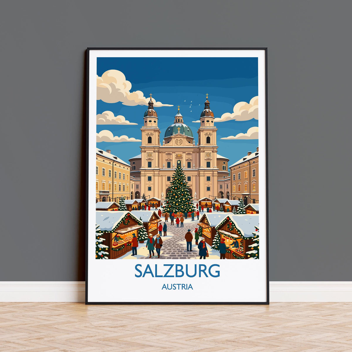 Salzburg Christmas Market Print, Austria Winter Wall Art with Border, Salzburg Cathedral Poster, Austrian Travel Print, Salzburg Gift