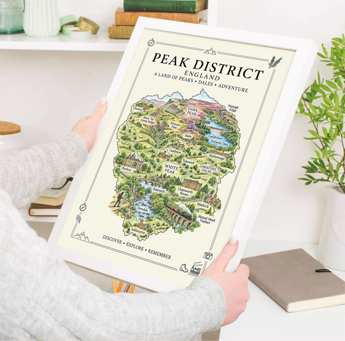Peak District Illustrated Map Print, England Wall Art, Derbyshire Map Poster, Framed or Canvas Print, Peak District Gift