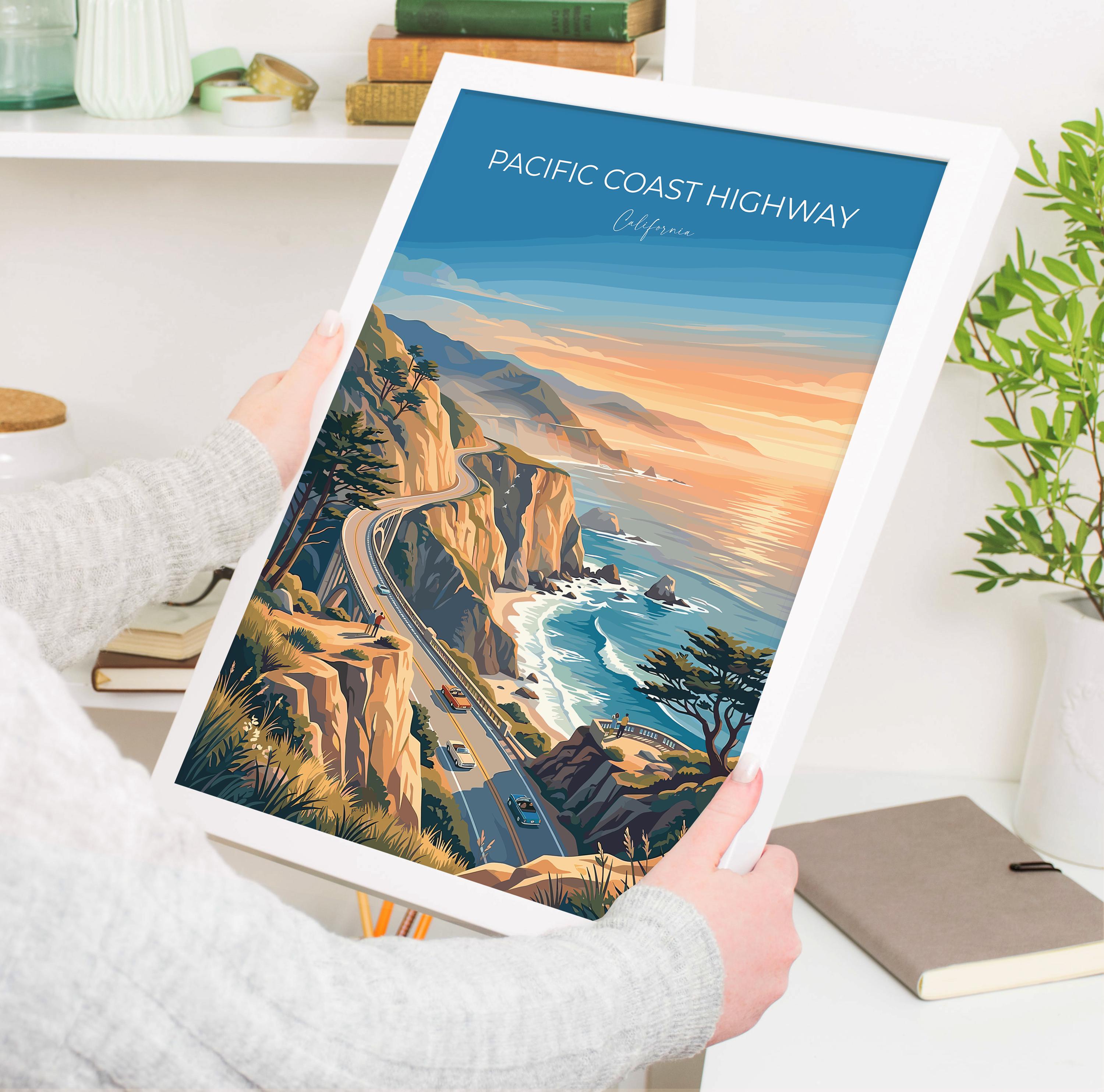 Pacific Coast Highway Travel Print, California Coast Wall Art, Big Sur Scenic Drive Poster, Highway 1 Illustration, Vintage Style USA Decor