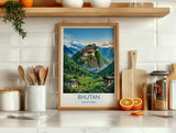 Bhutan South Asia Travel Poster, Himalayan Mountains Wall Art, Tiger's Nest Monastery Print, Bhutan Landscape, Vintage Travel Poster