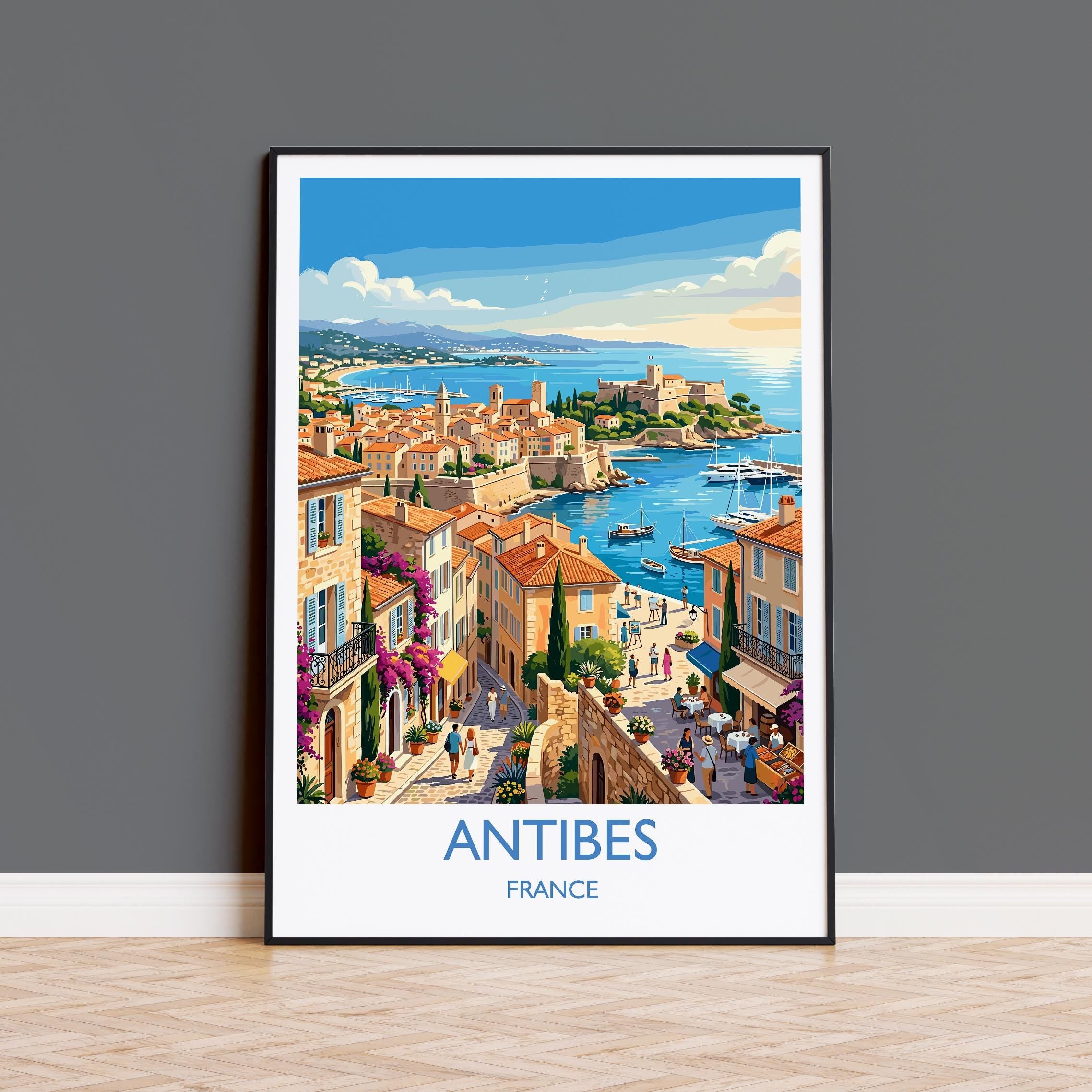 Antibes France Travel Poster, French Riviera Wall Art, Mediterranean Harbour Print, Côte d’Azur Illustration, Vintage Style Europe Decor