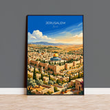 Jerusalem Israel Travel Print, Old City Wall Art, Dome of the Rock Poster, Jerusalem Skyline Illustration, Historic Middle East Decor