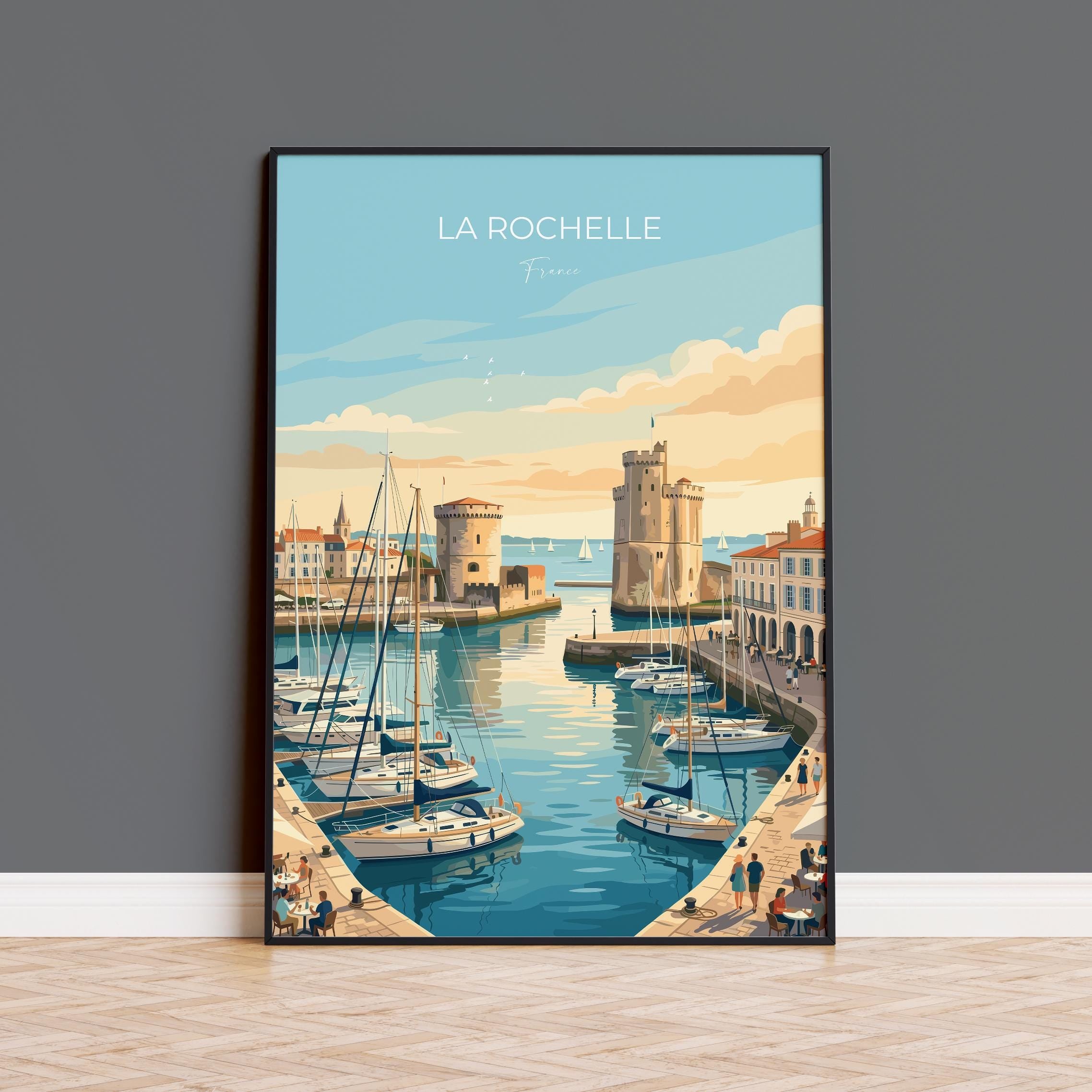 La Rochelle France Art Poster, Coastal French Decor, Vintage Maritime Print, France Travel Gift, Watercolor Seascape Wall Art