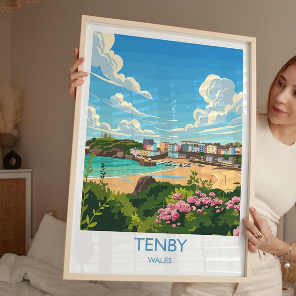 Tenby Travel Poster Wall Art, Tenby Travel Print, Wales, Pembrokeshire Coast Art Gift, Welsh Wall Art Print