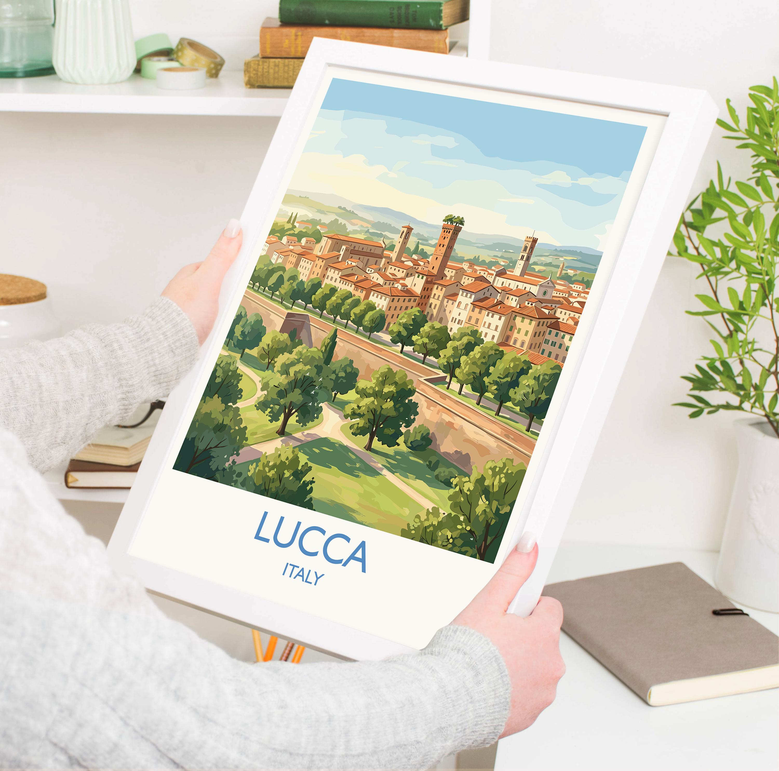 Lucca Italy Travel Poster, Tuscany City Walls Wall Art, Historic Italian Town Print, Medieval Architecture Illustration, Vintage Style Decor