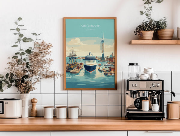 Portsmouth Travel Print Poster, Southsea & Spinnaker Tower Wall Art, Hampshire Coastal City Illustration, UK Travel Decor, Seaside Gift