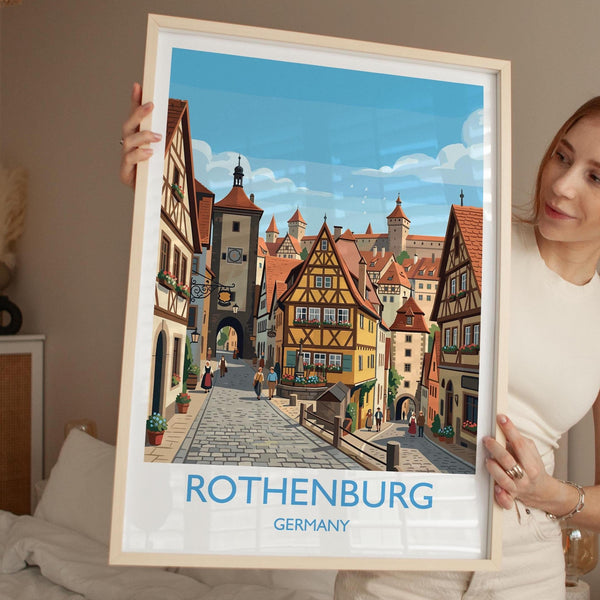Rothenburg ob der Tauber Travel Poster, Medieval German Town Print, Bavaria Wall Art, Romantic Road Illustration, Germany Travel Decor