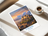 Stirling Castle Scotland Travel Poster, Scottish Highlands Wall Art, Stirling Sunset Landscape Print, Historic Castle Illustration, UK Decor