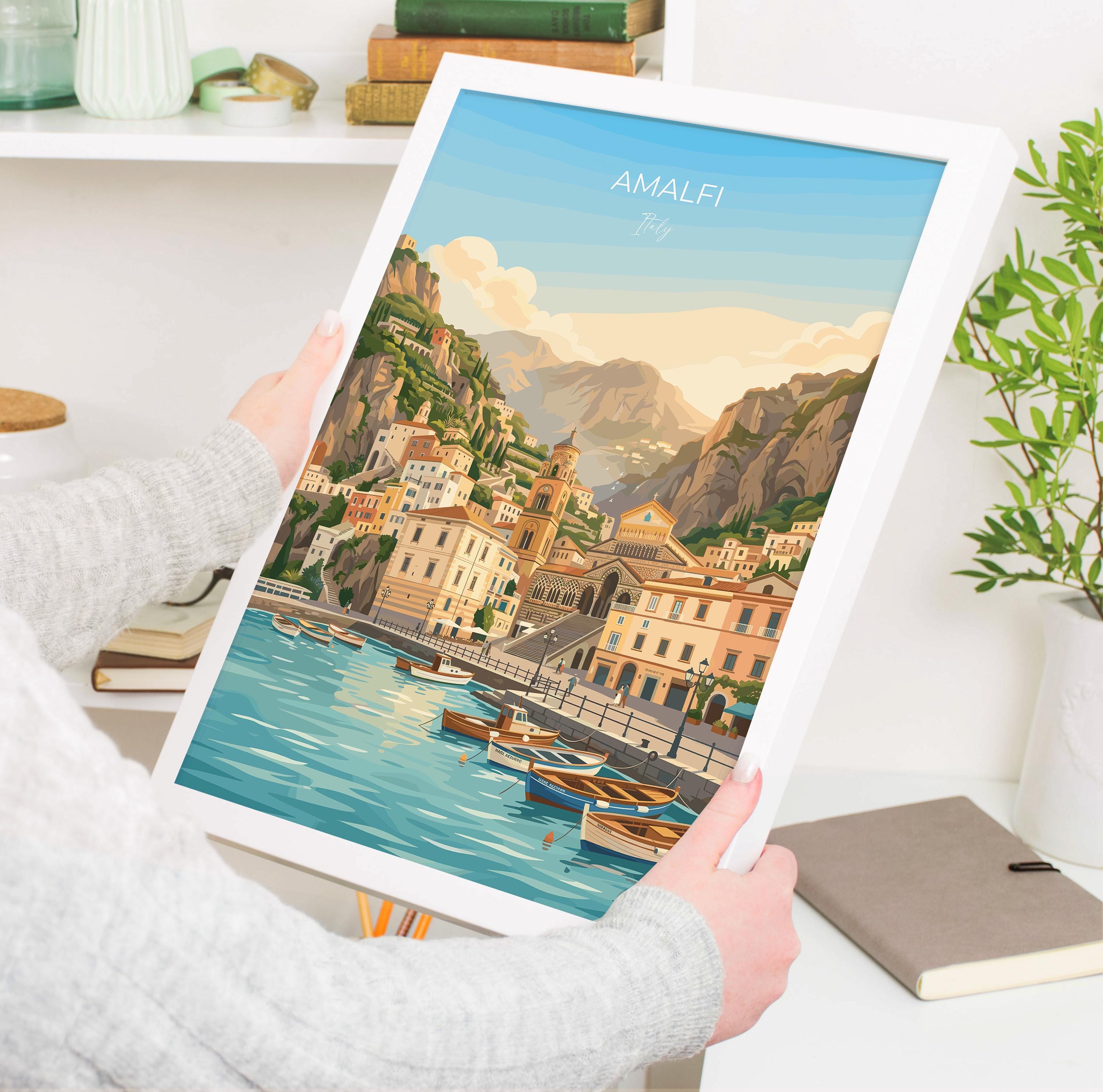 Amalfi Italy Travel Print, Amalfi Coast Wall Art, Mediterranean Seaside Poster, Colourful Coastal Village Illustration, Vintage Europe Decor