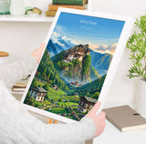 Bhutan South Asia Travel Print Himalayan Mountains Wall Art, Tiger's Nest Monastery Poster, Bhutan Landscape, Vintage Travel Poster