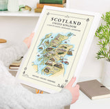 Scotland Illustrated Map Print, UK Wall Art, Highlands Map Poster, Framed or Canvas Print, Scotland Gift Print