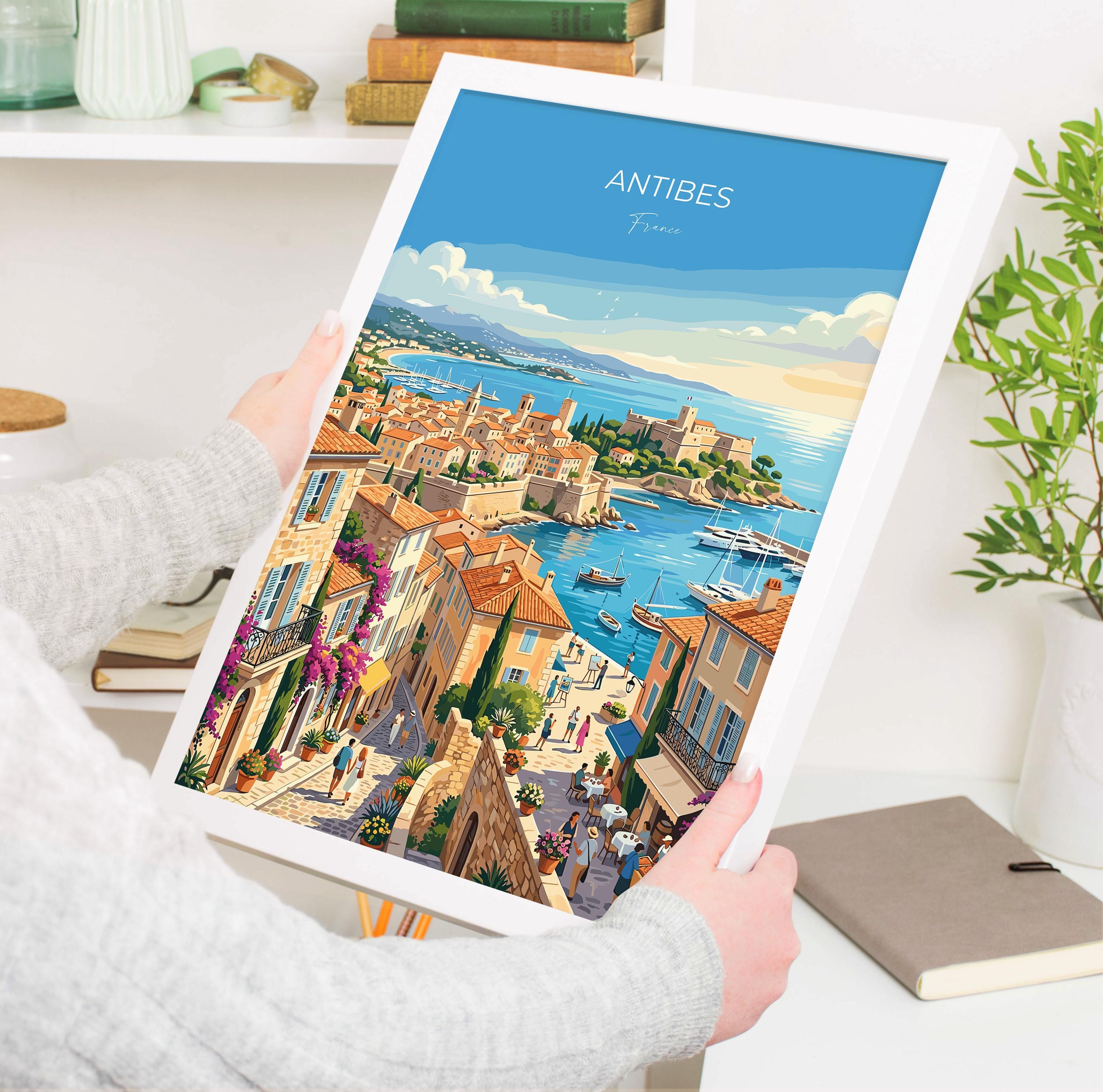 Antibes France Travel Poster, French Riviera Wall Art, Mediterranean Harbour Print, Côte d’Azur Illustration, Vintage Style Europe Decor