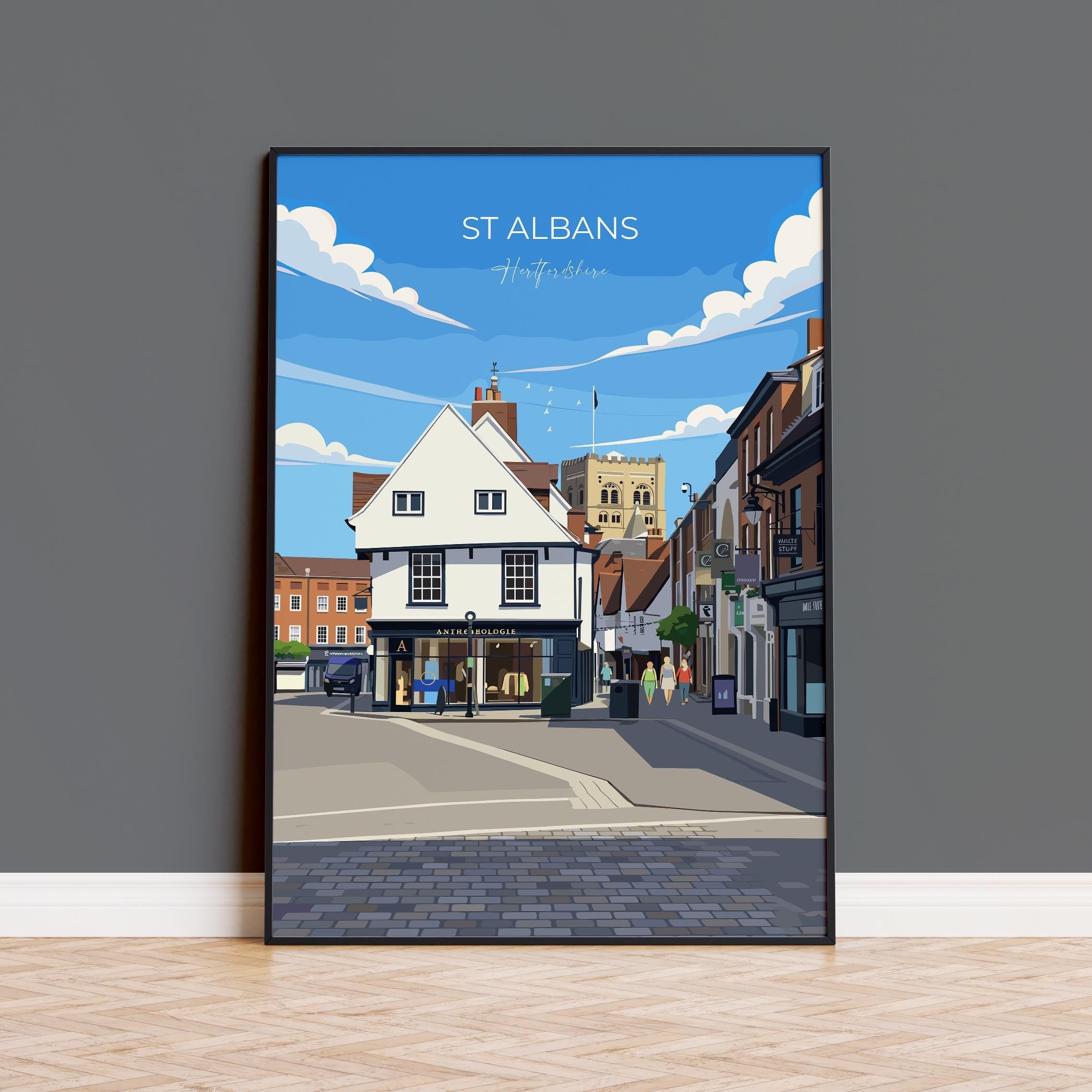 St Albans Travel Print Wall Art, Travel Poster of St Albans, Hertfordshire, England, English Cathedral City Gift NQ Media Designs