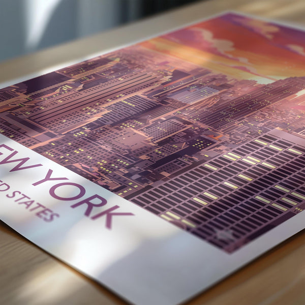 New York City Art Print, Manhattan Sunset Skyline View, Empire State, Travel Poster