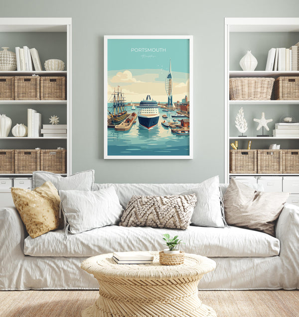 Portsmouth Travel Print Poster, Southsea & Spinnaker Tower Wall Art, Hampshire Coastal City Illustration, UK Travel Decor, Seaside Gift