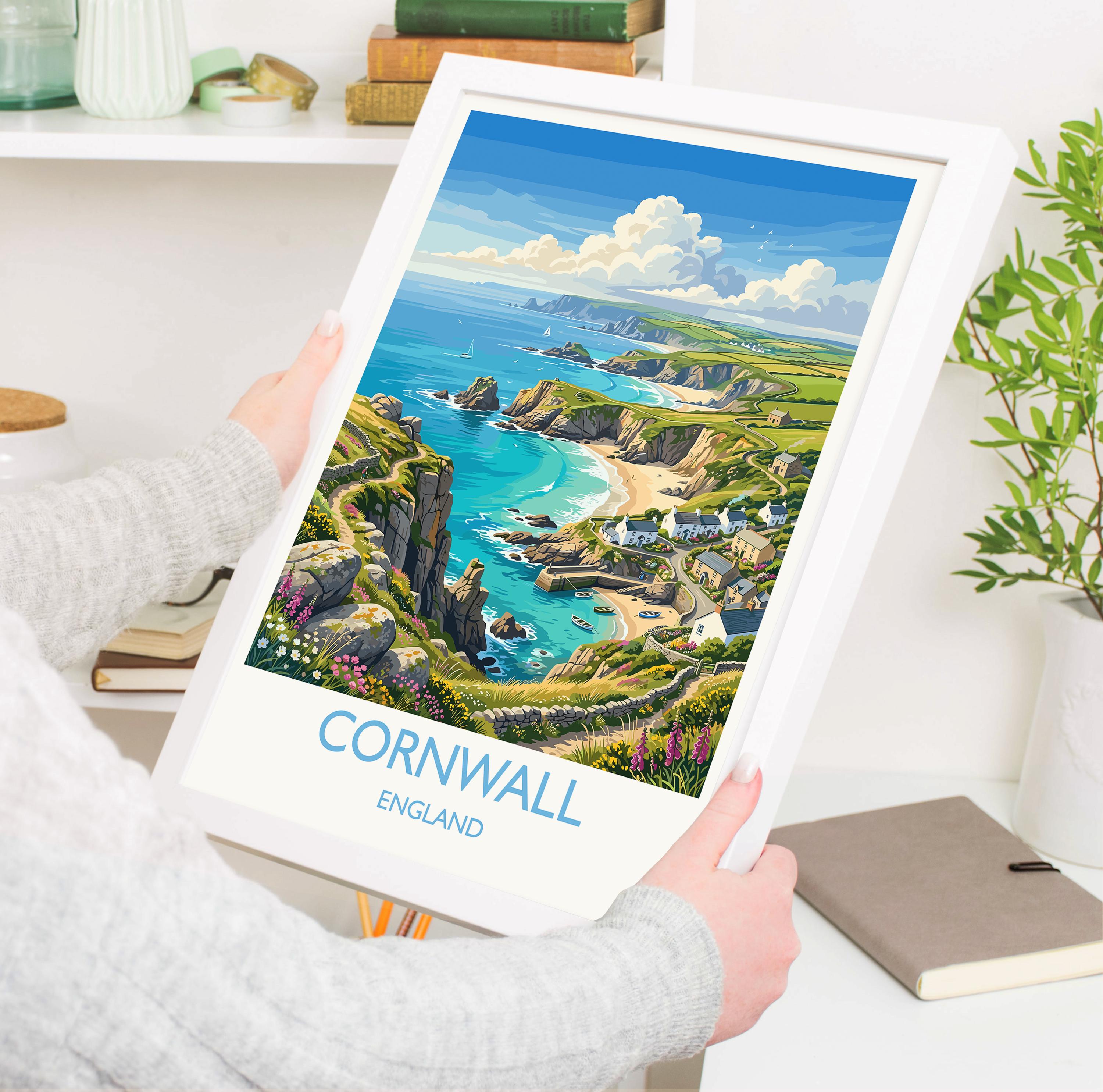 Cornwall England Travel Poster, Cornish Coast Wall Art, Coastal Landscape Print, Seaside Illustration, Vintage Style UK Decor