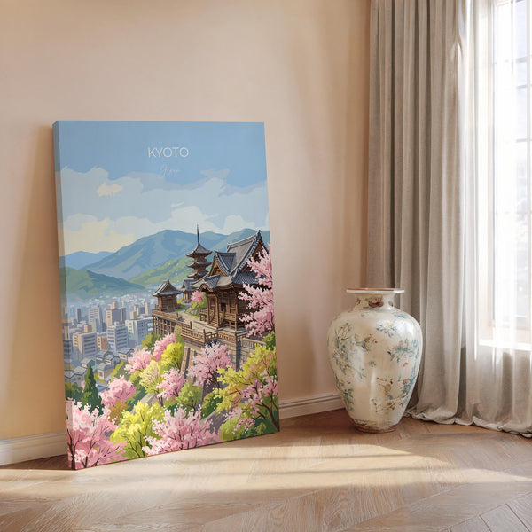 Kyoto Japan Travel Print, Cherry Blossom Temple Wall Art, Japanese Landscape Poster, Sakura Illustration, Asia Decor, Kyoto Gift