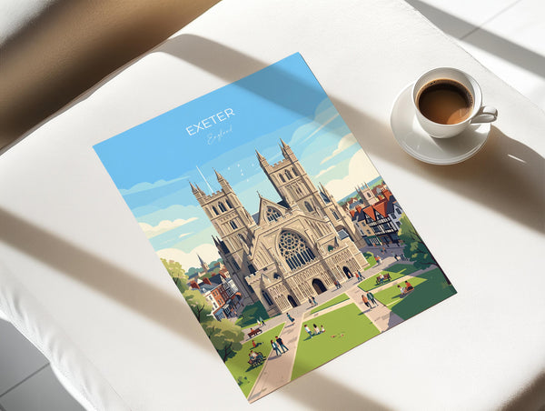 Exeter Cathedral Travel Print, Exeter Devon Wall Art, Historic England City Poster, Gothic Architecture Illustration, UK Decor, Exeter Gift