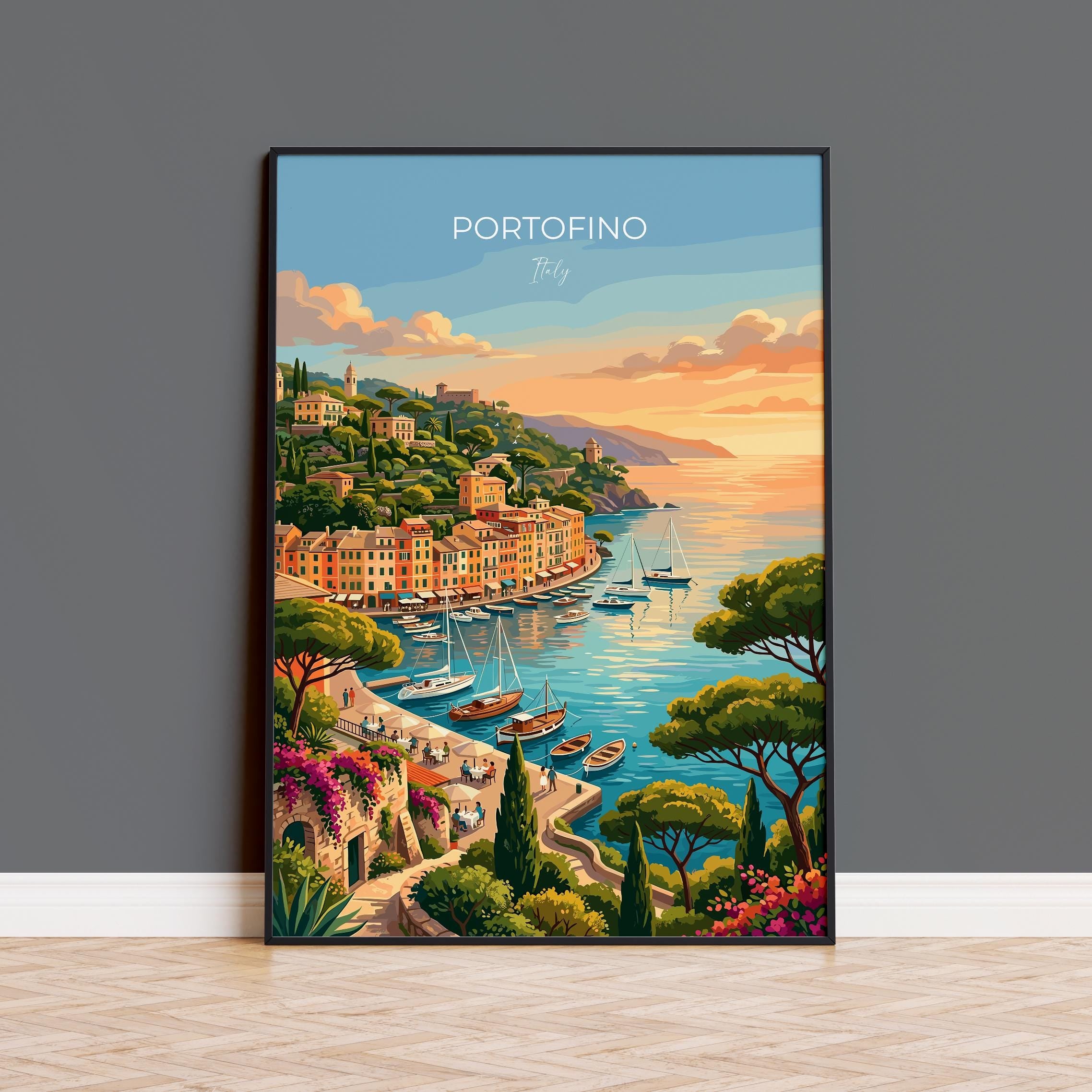 Portofino Italy Travel Print, Italian Riviera Wall Art, Colourful Harbour Poster, Mediterranean Coastal Illustration, Vintage Europe Decor