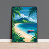 The image is a poster depicting a tropical beach scene with palm trees, a boat on the water, and a mountainous landscape in the background.