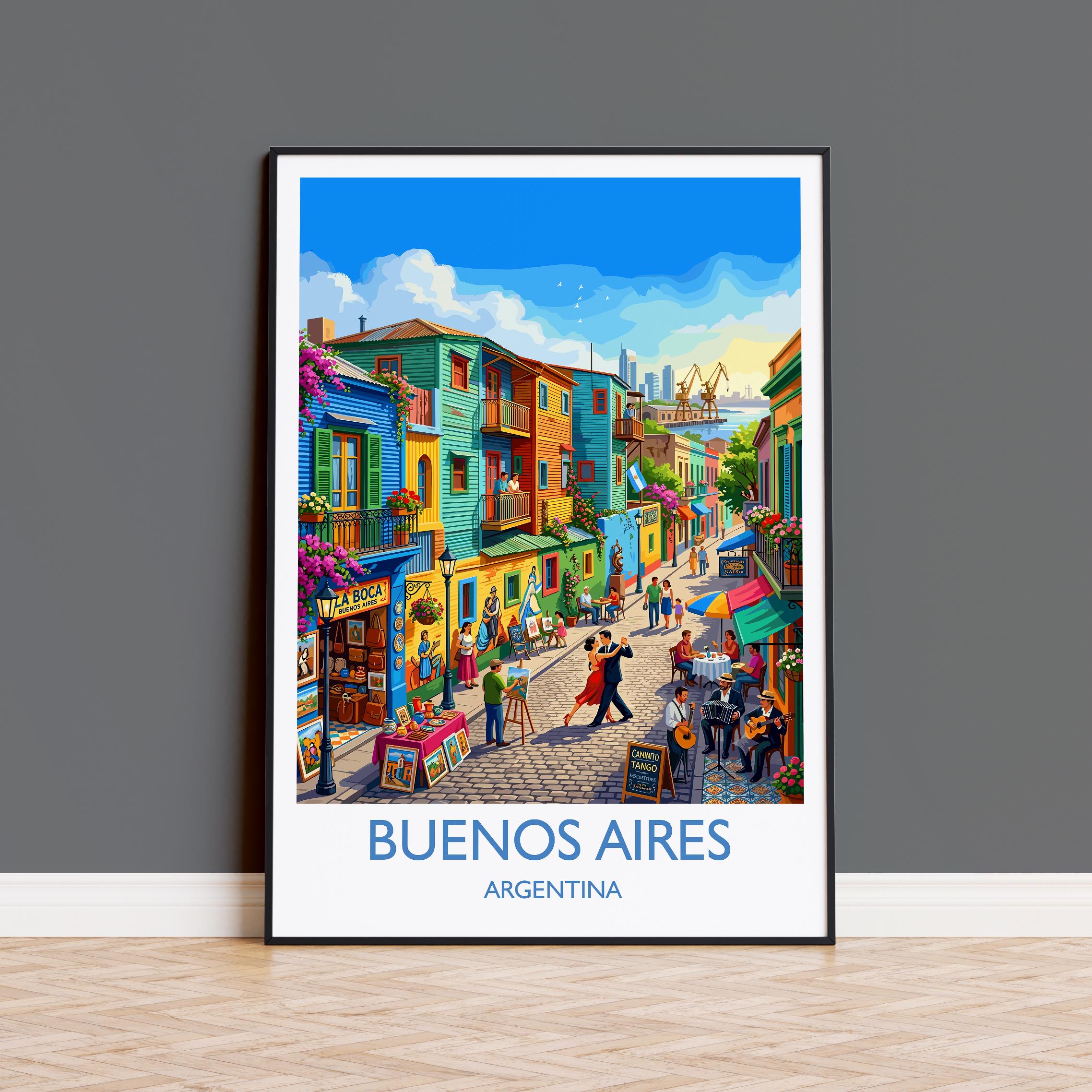 La Boca Buenos Aires Travel Poster, Caminito Wall Art, Colourful Argentina Print, Buenos Aires Illustration, Vintage Style South America