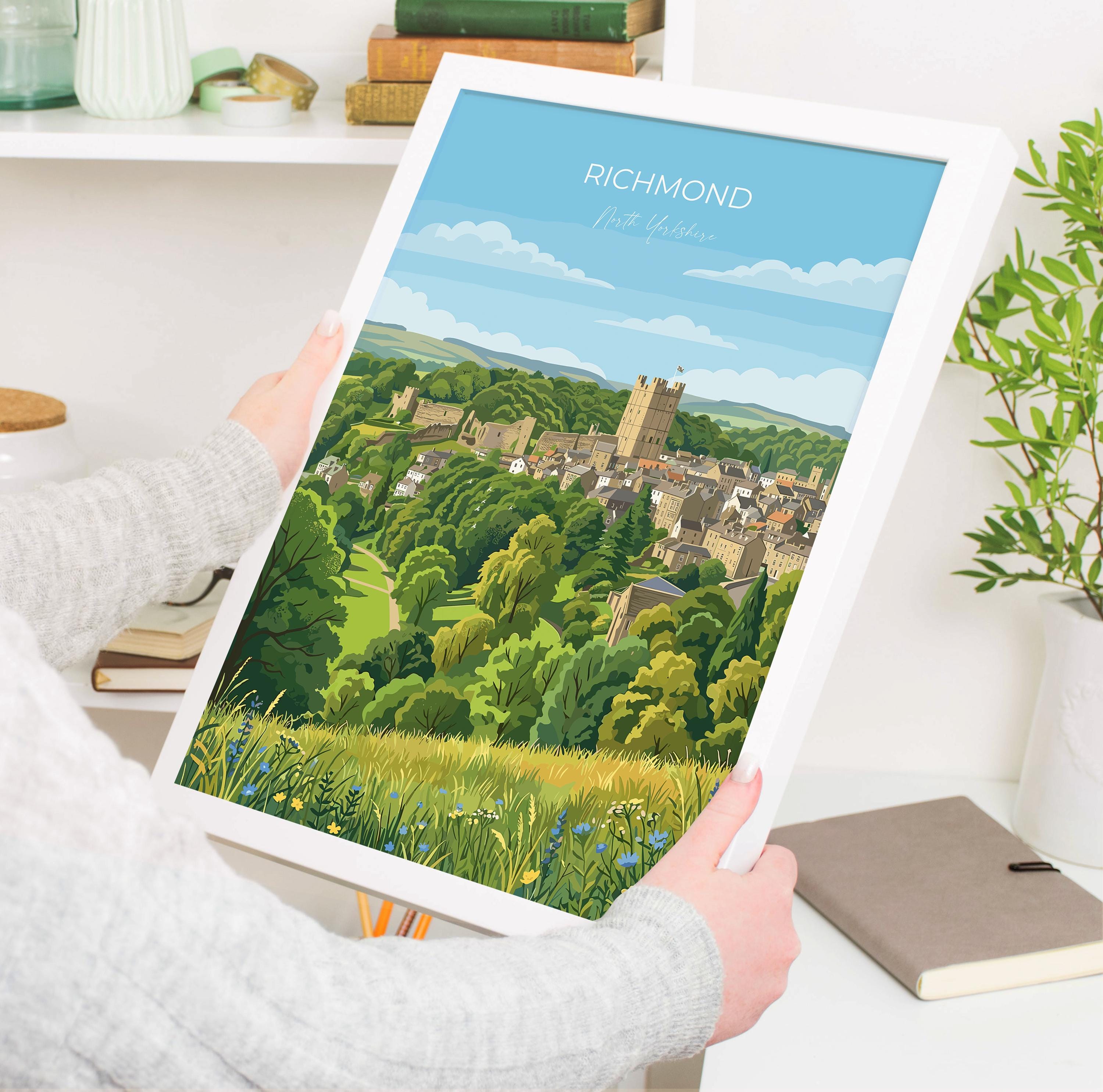 Richmond Yorkshire Travel Print, Richmond Castle Wall Art, Yorkshire Dales Town Poster, Historic Market Town Art, Vintage Style UK Decor