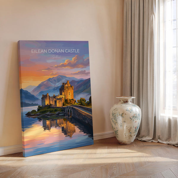 Eilean Donan Castle Scotland Travel Print, Scottish Highlands Castle Wall Art, Sunset Landscape Poster, Iconic Scotland Illustration