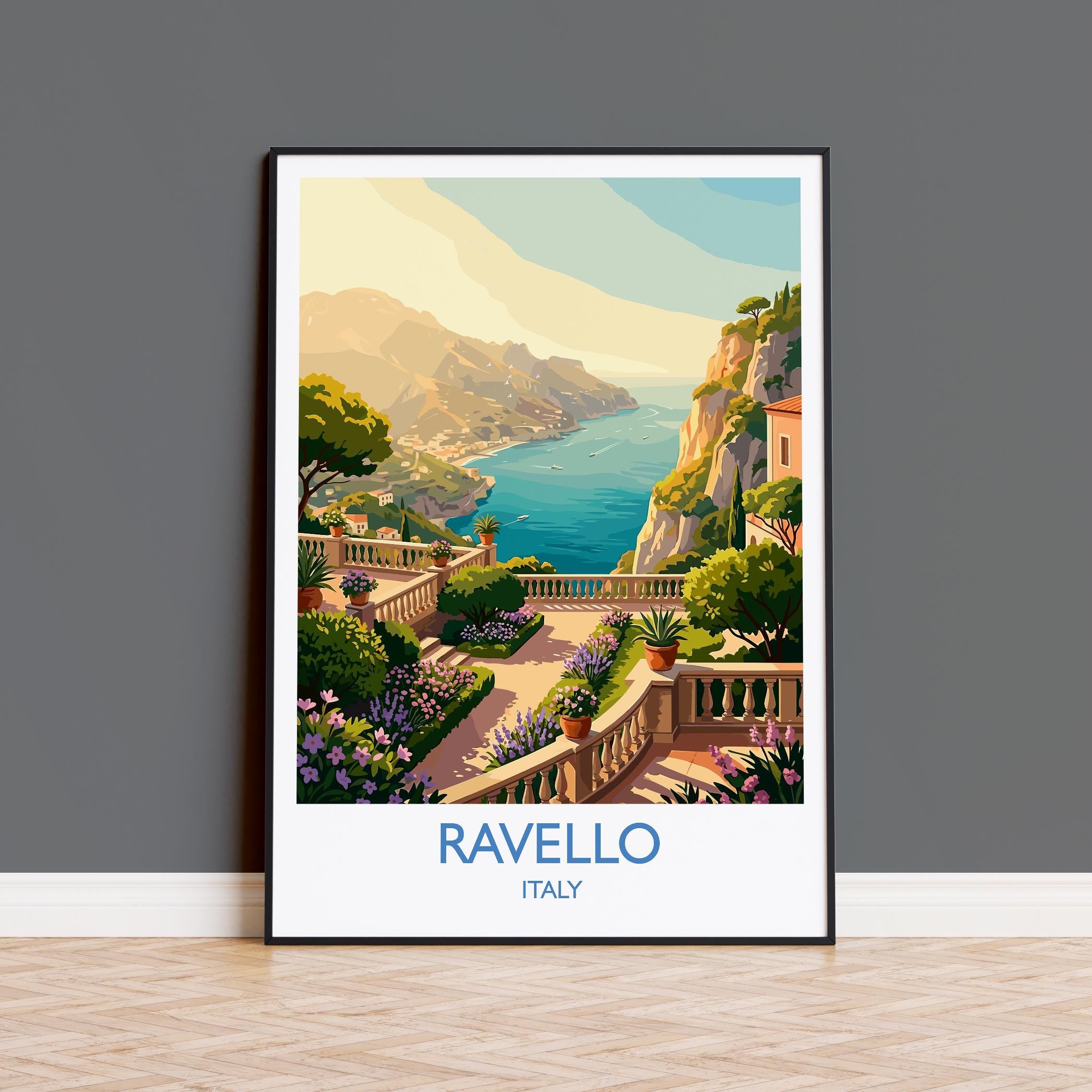 Ravello Italy Travel Poster, Amalfi Coast Wall Art, Mediterranean Cliffside Village Print, Scenic Coastal Illustration, Vintage Style Decor