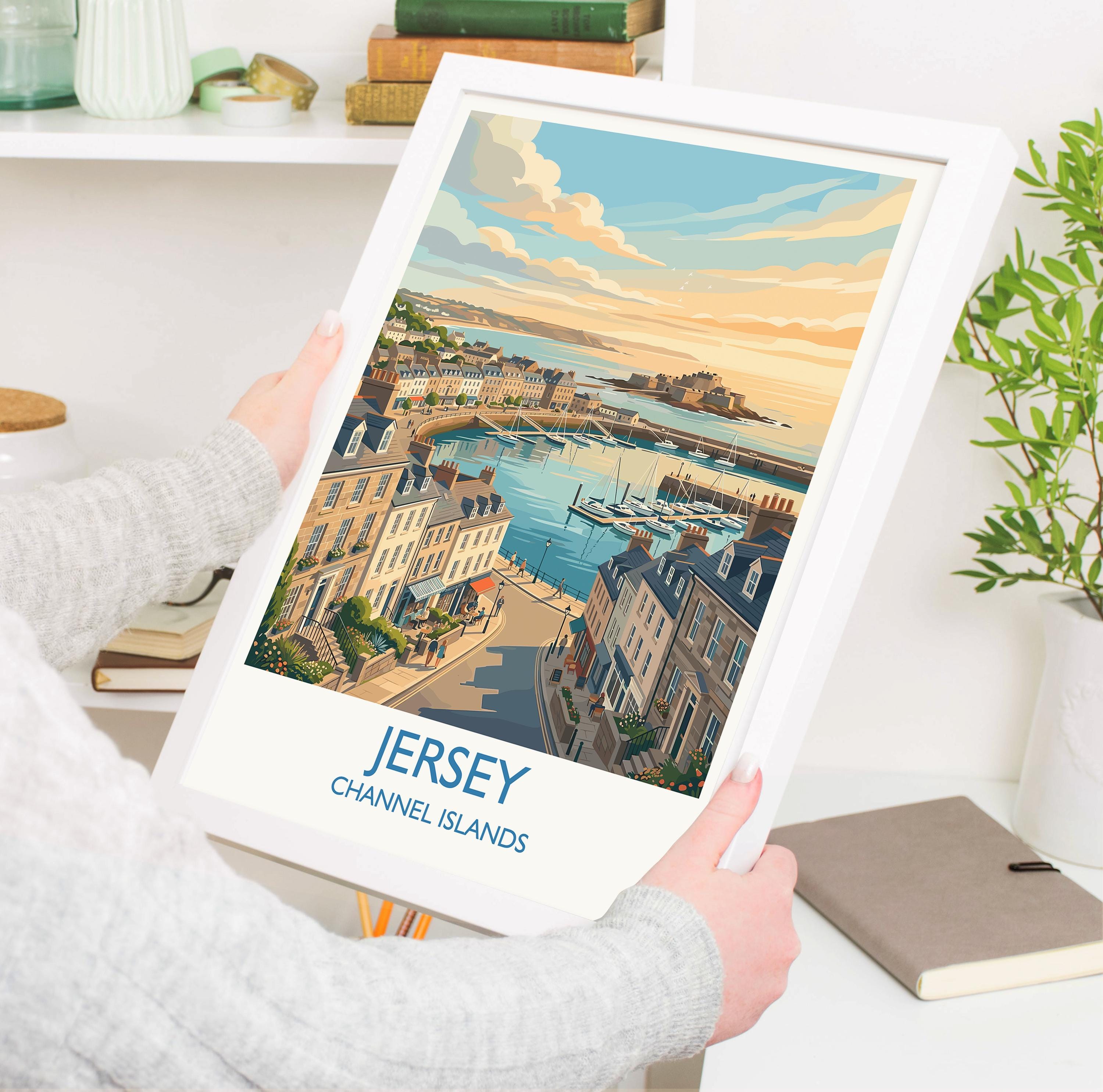 Jersey Channel Islands Travel Poster, Coastal Wall Art, Harbour & Seaside Print, British Island Illustration, Vintage Style UK Decor